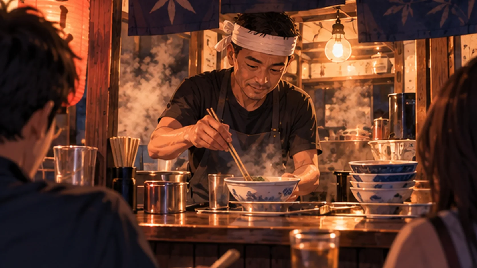 Une ruelle éclairée dans la nuit à Fukuoka