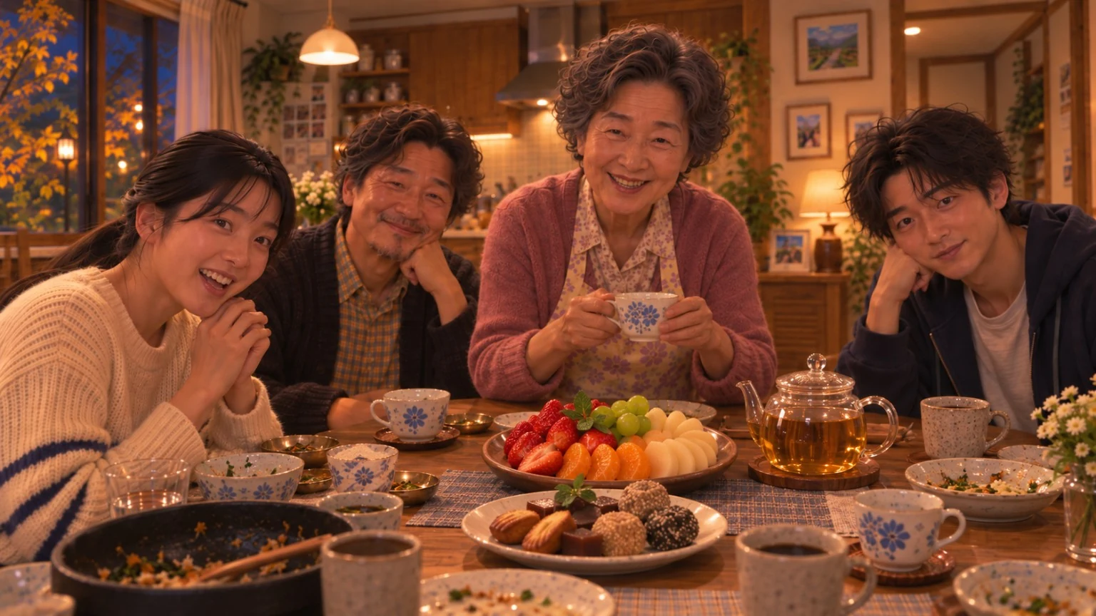 Les quatre membres de la famille Han autour de la table